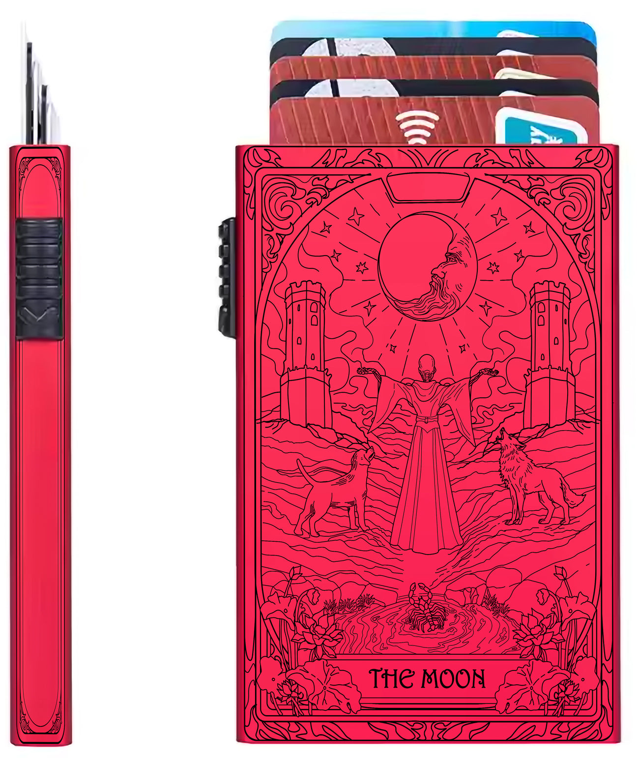 The Moon Tarot Design - Pop-up ID, Credit Card Wallet - [Push Down Button Model]