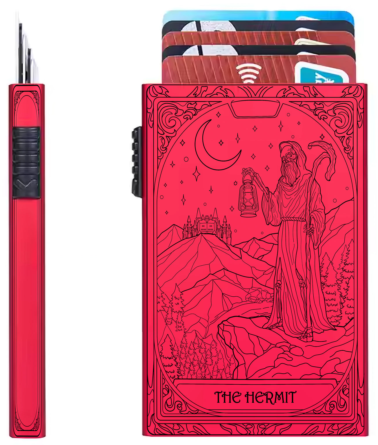 The Hermit Tarot Design - Pop-up ID, Credit Card Wallet - [Push Down Button Model]