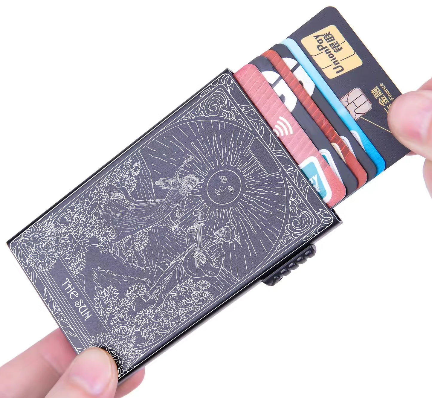 The Sun Tarot Design - Pop-up ID, Credit Card Wallet - [Push Down Button Model]