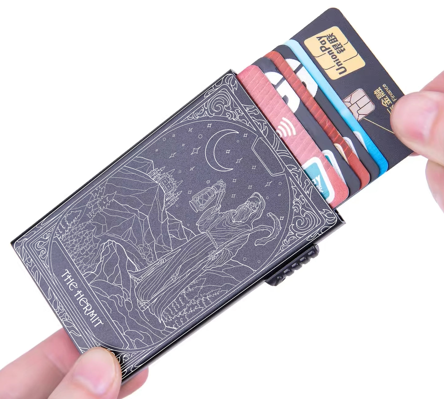 The Hermit Tarot Design - Pop-up ID, Credit Card Wallet - [Push Down Button Model]