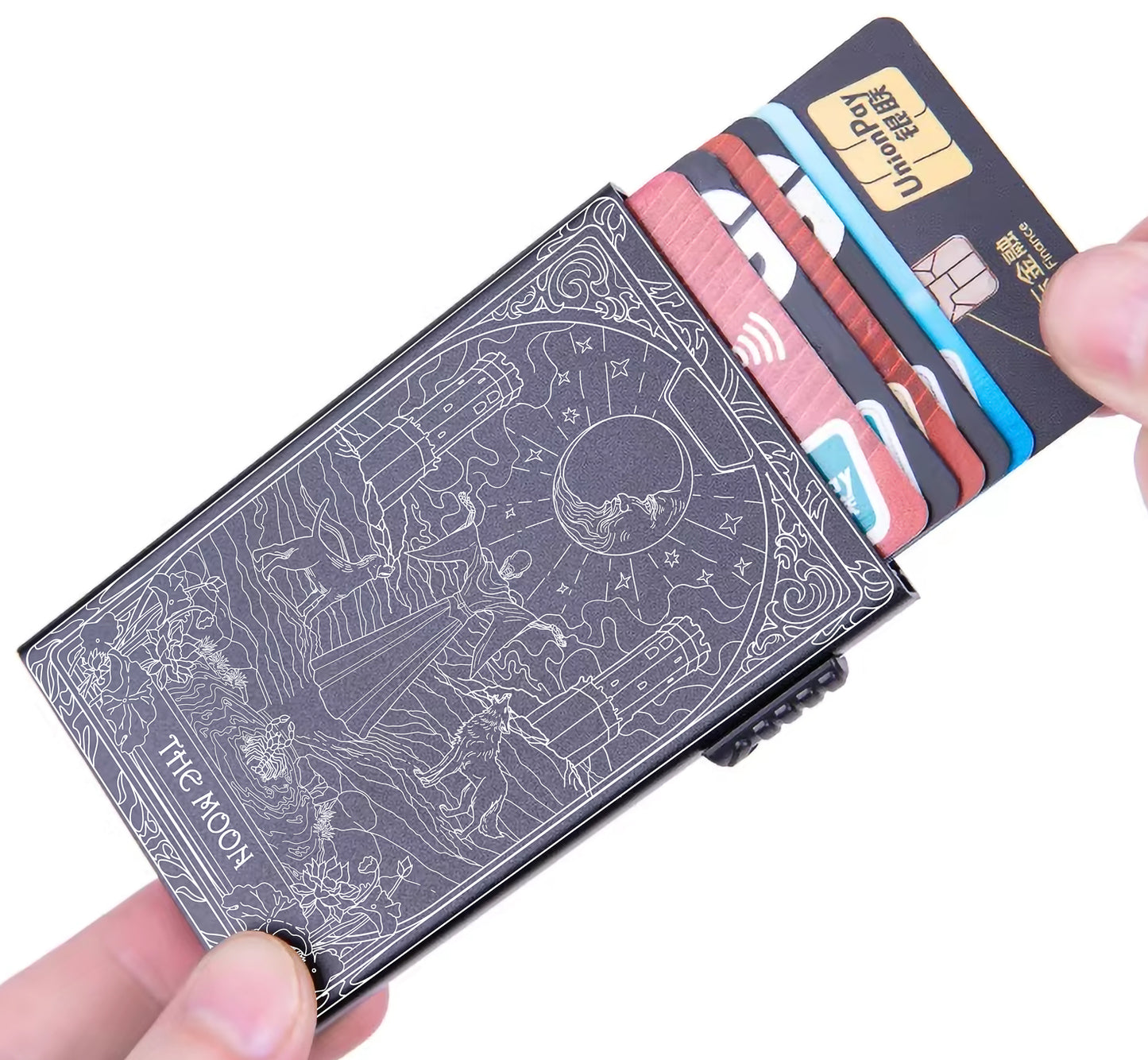 The Moon Tarot Design - Pop-up ID, Credit Card Wallet - [Push Down Button Model]