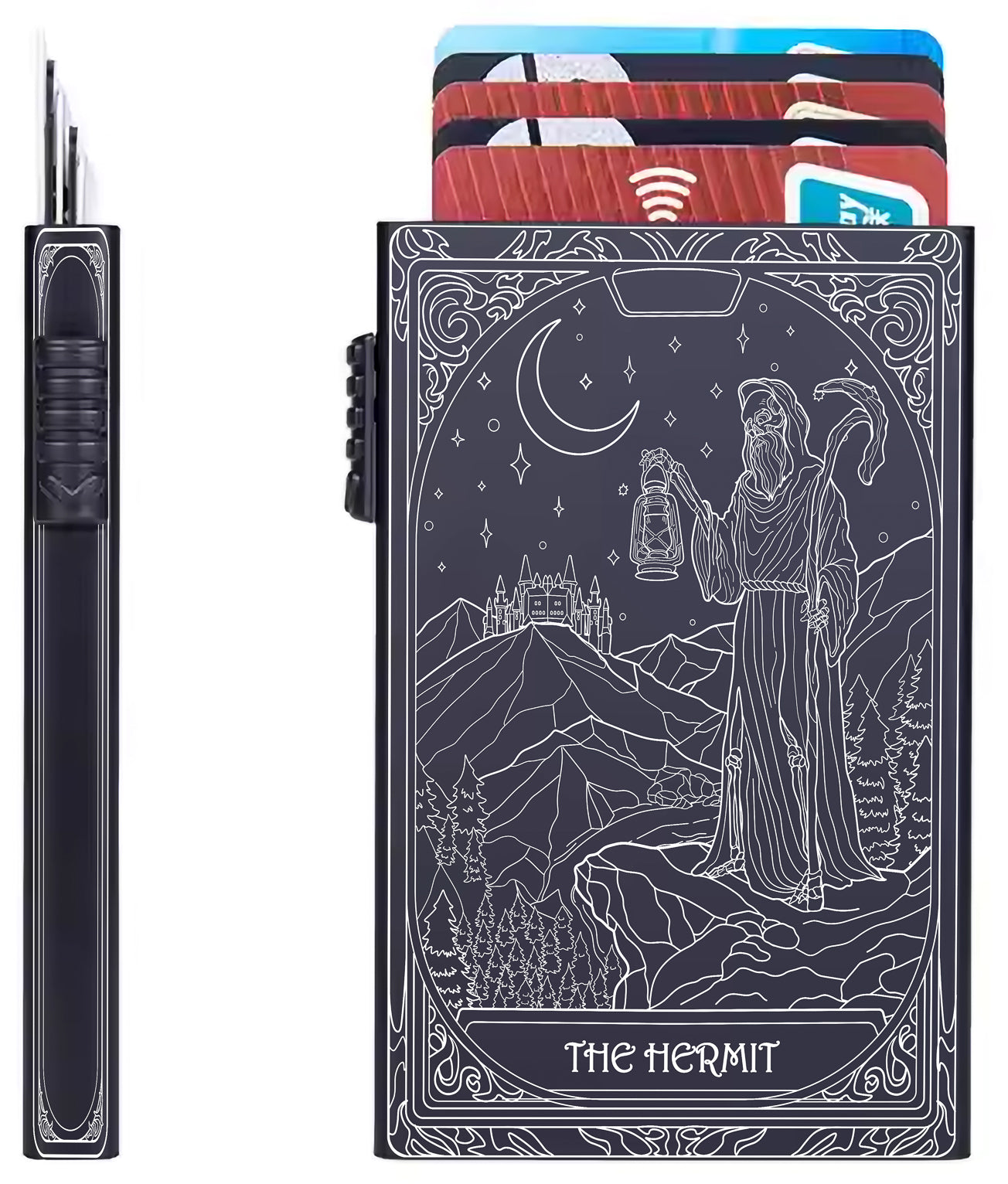The Hermit Tarot Design - Pop-up ID, Credit Card Wallet - [Push Down Button Model]