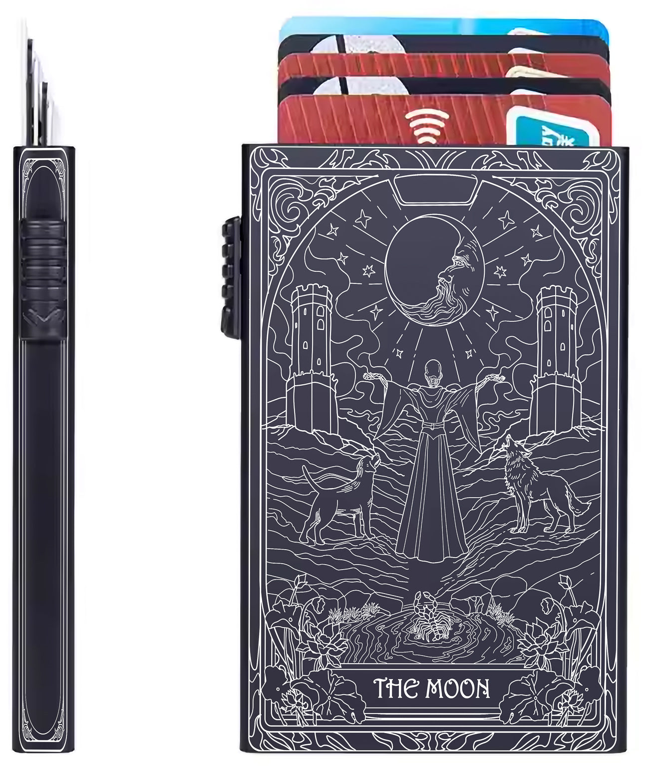 The Moon Tarot Design - Pop-up ID, Credit Card Wallet - [Push Down Button Model]