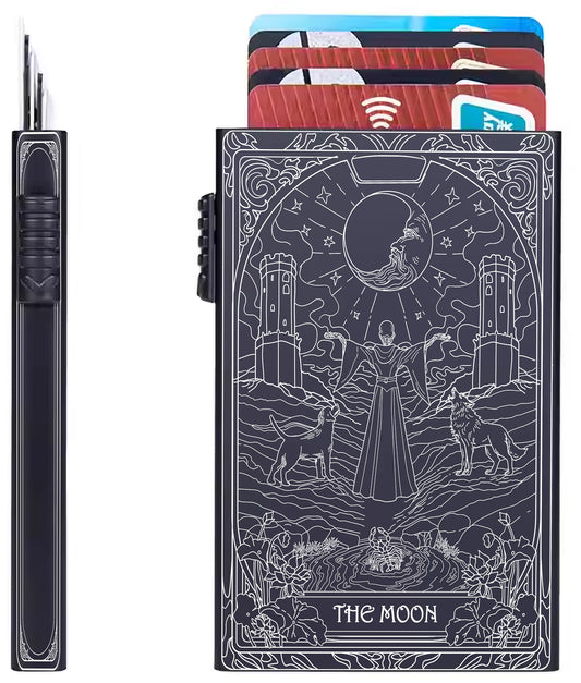 The Moon Tarot Design - Pop-up ID, Credit Card Wallet - [Push Down Button Model]